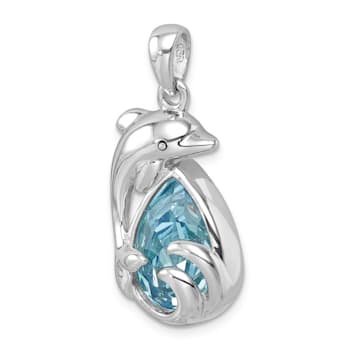 Rhodium Over Sterling Silver Polished Crystal Dolphin Pendant