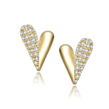 Pave CZ Heart Stud Earrings In 14K Gold Over Brass