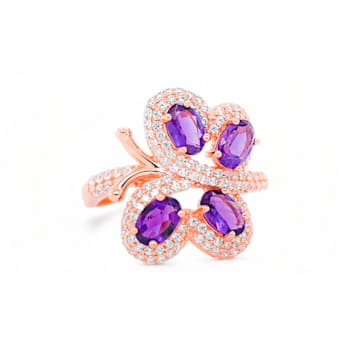 6x4mm Oval Amethyst and White CZ 18K Rose Gold Over Sterling Silver
Ring, 1.50ctw
