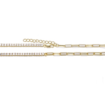 CZ Half Tennis Half Link Necklace In 14K Gold Over Brass