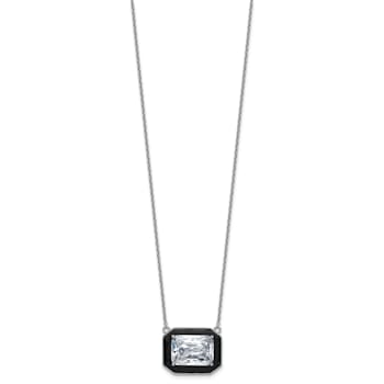 Rhodium Over Sterling Silver Polished Black Enamel and Cubic Zirconia Necklace