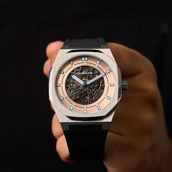 Thomas Earnshaw Discovery Drake Skeleton Rose Dial Black Stainless Steel
Band Automatic Watch