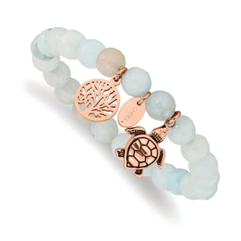 Rose Stainless Steel Antiqued and Polished Blue/Grey Dyed Jade Bracelet
