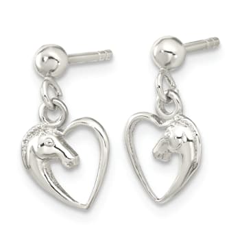 Rhodium Over Sterling Silver Open Heart Horse Head Dangle Earrings