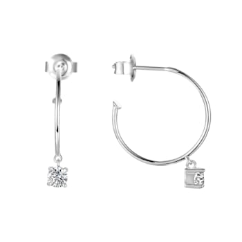 White Topaz Rhodium Over Sterling Silver Drop Round Hoop Earrings