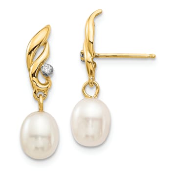 14K Yellow Gold 5-6mm White Rice Freshwater Cultured Pearl 0.02ct
Diamond Dangle Earrings