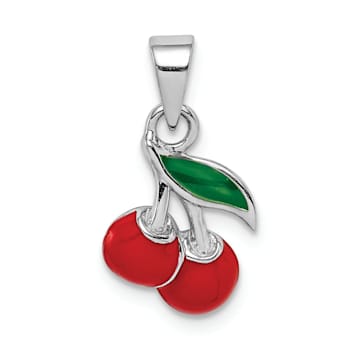 Rhodium Over Sterling Silver Red and Green Enameled Cherry Children's Pendant