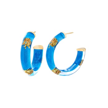 14K Yellow Gold Over Sterling Silver Small Gold Leaf Acrylic Hoops in
Lapis Blue Color