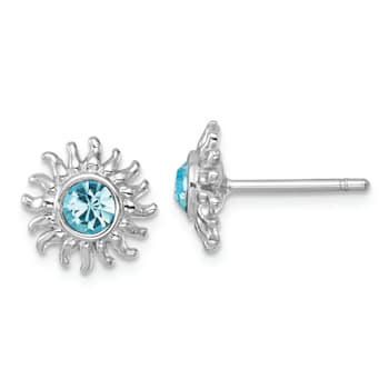 Rhodium Over Sterling Silver Polished Blue Crystal Sun Post Earrings