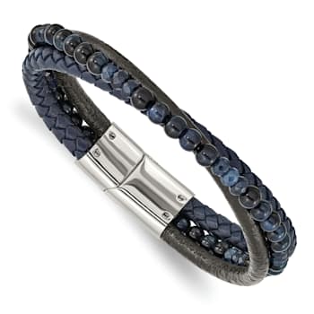 Leather and Stainless Steel Polished with Blue Chalcedony Tiger's Eye Bracelet