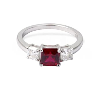 Red Lab Grown Ruby Rhodium Over Sterling Silver Three Stone Ring