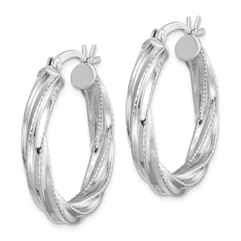 Rhodium Over Sterling Silver Patterned Twisted 4x25mm Hoop Earrings