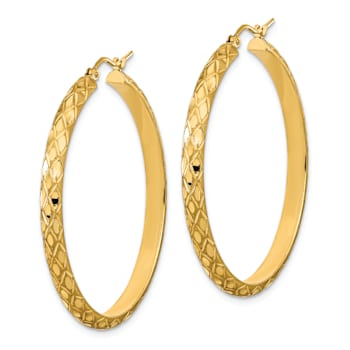 14k Yellow Gold Polished, Satin and Diamond-Cut 1 5/8" Diamond
Pattern Hoop Earrings