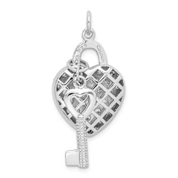 Rhodium Over Sterling Silver Cubic Zirconia Heart Lock and Key Pendant