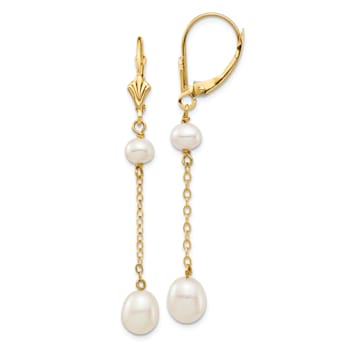 14K Yellow Gold 5-7mm White Rice Freshwater Cultured Pearl Leverback Earrings