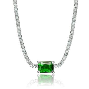 Emerald Color CZ Solitaire Necklace In Sterling Silver