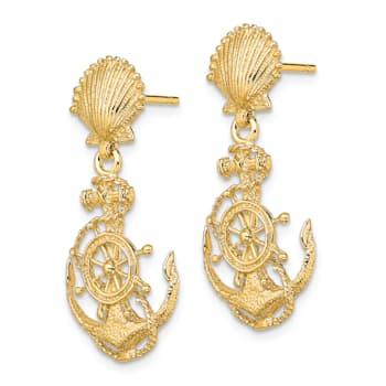 14k Yellow Gold Textured Shell and Anchor Dangle Earrings
