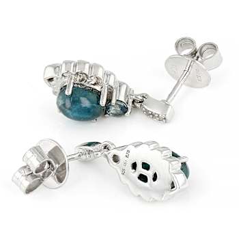 Blue Apatite Cat's Eye With Sapphire And Diamond Earrings In Sterling
Silver 0.32ctw