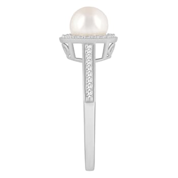 7mm Round Cultured Freshwater Pearl 1/5 ctw Diamond Rhodium Over
Sterling Silver Halo Ring