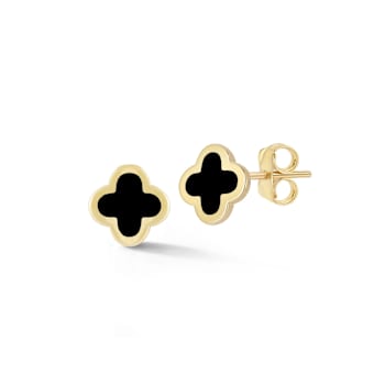 Bellissima Gold 14K Yellow Gold Black Enamel Dainty Clover Studs