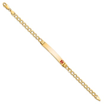 14k Yellow Gold Medical Polished Red Enamel Cuban Link ID Bracelet
