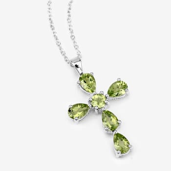 Green Peridot Rhodium Over Sterling Silver Cross Pendant With Chain