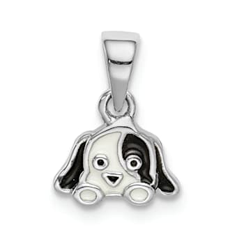 Rhodium Over Sterling Silver Black/White Enameled Puppy Children's Pendant