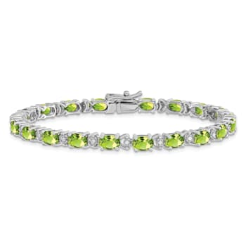 Rhodium Over 14k White Gold Oval Peridot and Diamond Bracelet