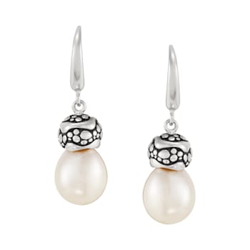 11-12mm Round White Freshwater Pearl Sterling Silver Drop Earrings