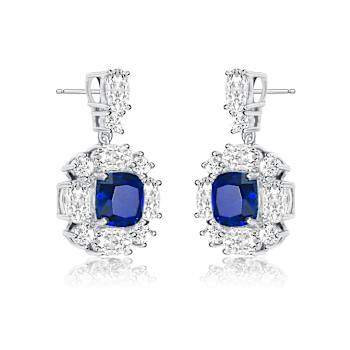 Sapphire Color CZ Square Drop Earrings In White Rhodium Over Brass