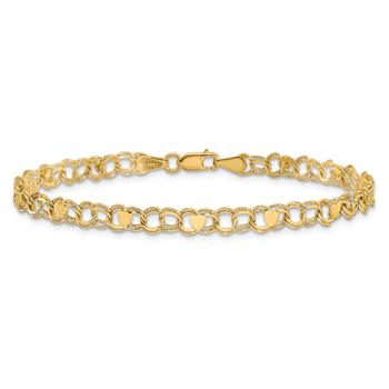 14k Yellow Gold 4mm Double Link Hearts Charm Bracelet