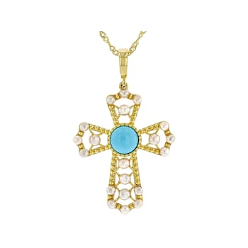 Turquoise And Cultured Seed Pearl Cross Pendant Necklace In 18K Gold
Over Sterling Silver