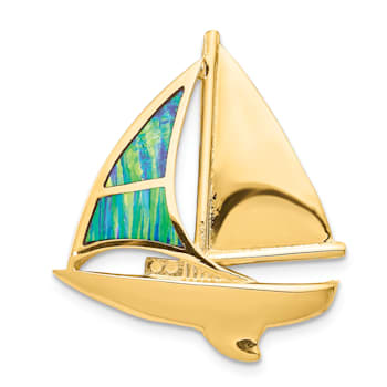 14k Yellow Gold Imitation Opal Sailboat Slide Pendant