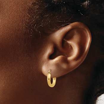 14k Yellow Gold Satin and Diamond-Cut 9/16" Round Hoop Earrings