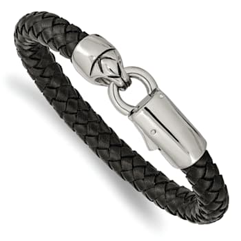Black Leather and Stainless Steel Antiqued and Polished 8.25-inch Bracelet