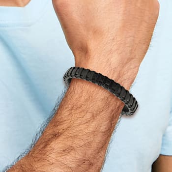 Black Leather and Stainless Steel Polished Black IP-plated Cable Bracelet