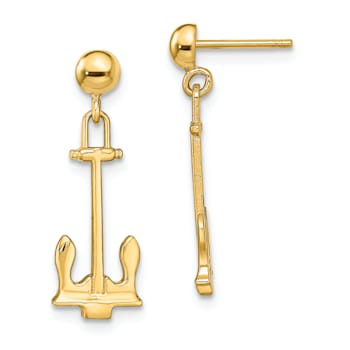 14k Yellow Gold Polished Navy Anchor Dangle Earrings