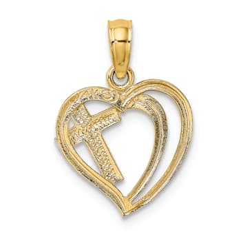 Rhodium Over 14K Two-tone Gold Cross In Heart Charm Pendant
