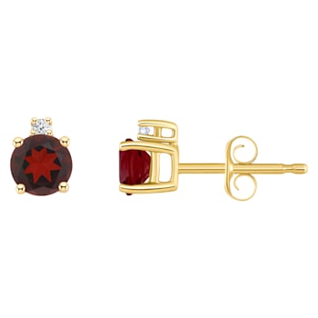 4mm Round Garnet with Diamond Accents 14k Yellow Gold Stud Earrings