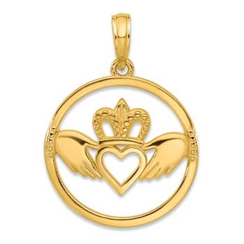 14k Yellow Gold Textured Claddagh Circle Pendant