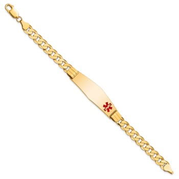 10k Yellow Gold Medical Soft Diamond Shape Red Enamel Curb Link ID Bracelet