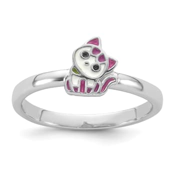 Rhodium Over Sterling Silver Multi-color Enameled Cat Children's Ring