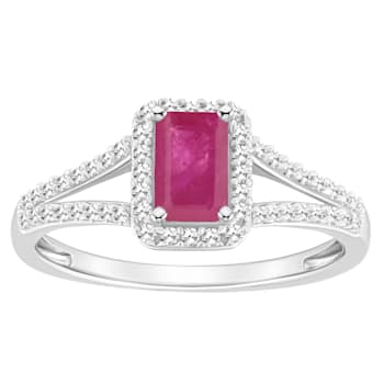 6x4mm Emerald Cut Ruby 1/4 ctw Diamond Rhodium Over Sterling Silver Halo Ring