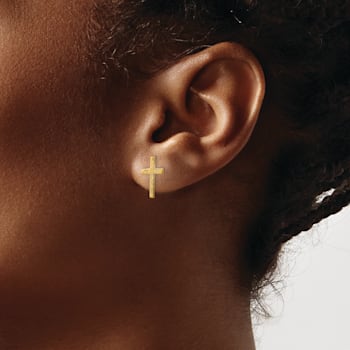 14k Yellow Gold Brushed and Textured Finish Cross Stud Earrings