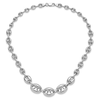 Rhodium Over Sterling Silver Hollow Graduated Marina Link 17-inch Necklace