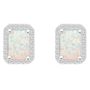 7x5mm Emerald Cut Created Opal And Created White Sapphire 10k White Gold
Halo Stud Earrings