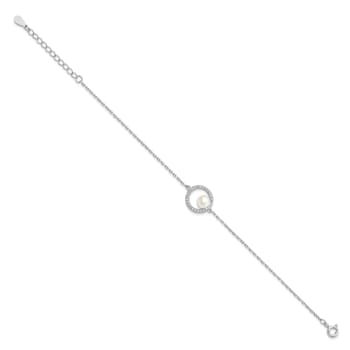 Rhodium Over Sterling Silver CZ 6-7mm White Button FW Cultured Pearl
with 1.25-inch Ext. Bracelet