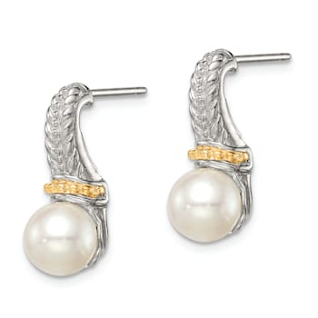 Sterling Silver Rhodium-plated with 14K Accent 7-8mm Freshwater Cultured
Pearl Post Earrings