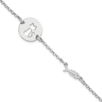 Sterling Silver Rhodium-plated Kitty and Fish with 0.5 Inch Extension Bracelet