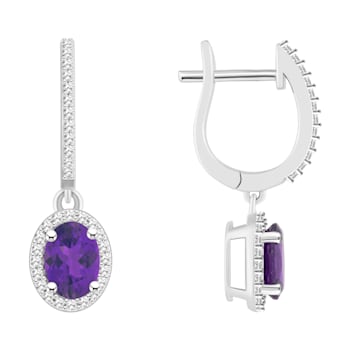 7x5mm Oval Amethyst 1/3 ctw Diamond Rhodium Over Sterling Silver Halo
Dangle Earrings